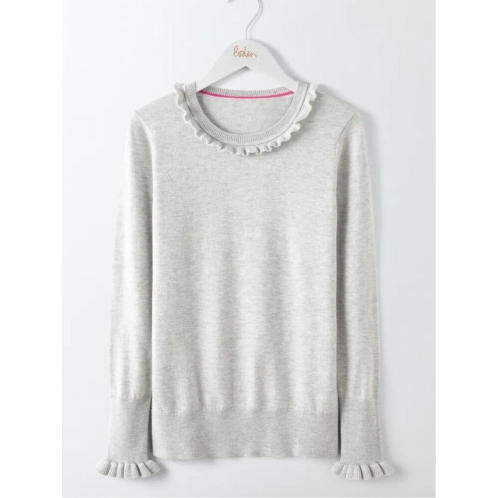 Boden Light Grey Wool Blend Knit Bernadette Jumper Sweater Frills Ruffles Sz 16
